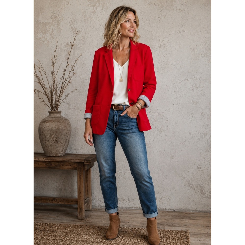 Talbots Aberdeen Knit Blazer Womens 14 Red Striped Cuff Preppy Classic Jacket